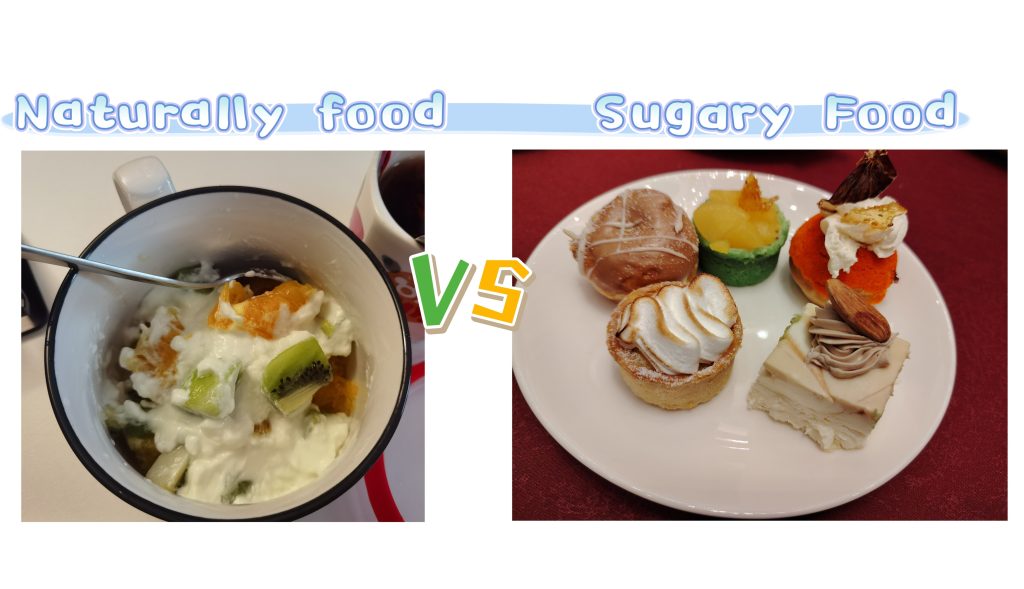 Comparison of eat healthy natural foods like yogurt and fruit versus sugary processed foods like cakes and chips
