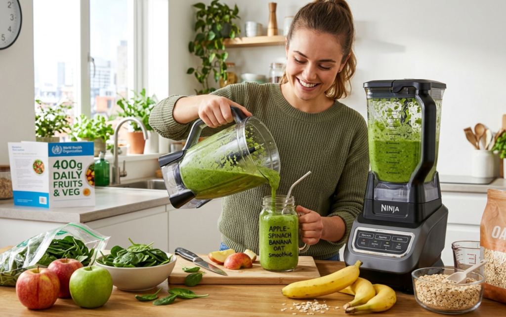 fresh smoothies with banana, spinach, and apple supporting easy nutrition and balanced diet