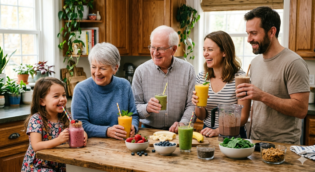 Healthy family drinking colorful smoothies showing smoothies suitable foe all ages for easy nutrition and healthy lifestyle