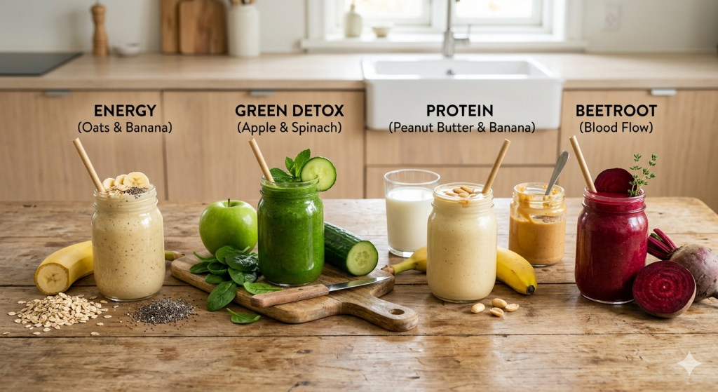 Healthy  homemade smoothies with fruits and seeds to lose weight naturally and support balanced nutrition