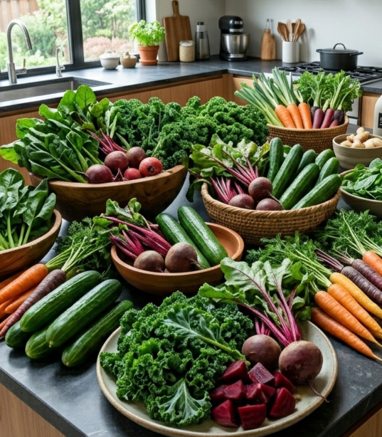 Fresh vegetables for smoothie including spinach, kale, cucumber, carrot and beetroot for easy nutrition
