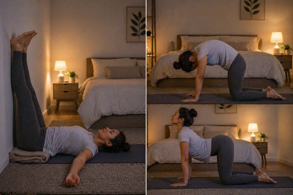Stretch in bedroom showing a simple healthy daily routine and balanced lifestyle