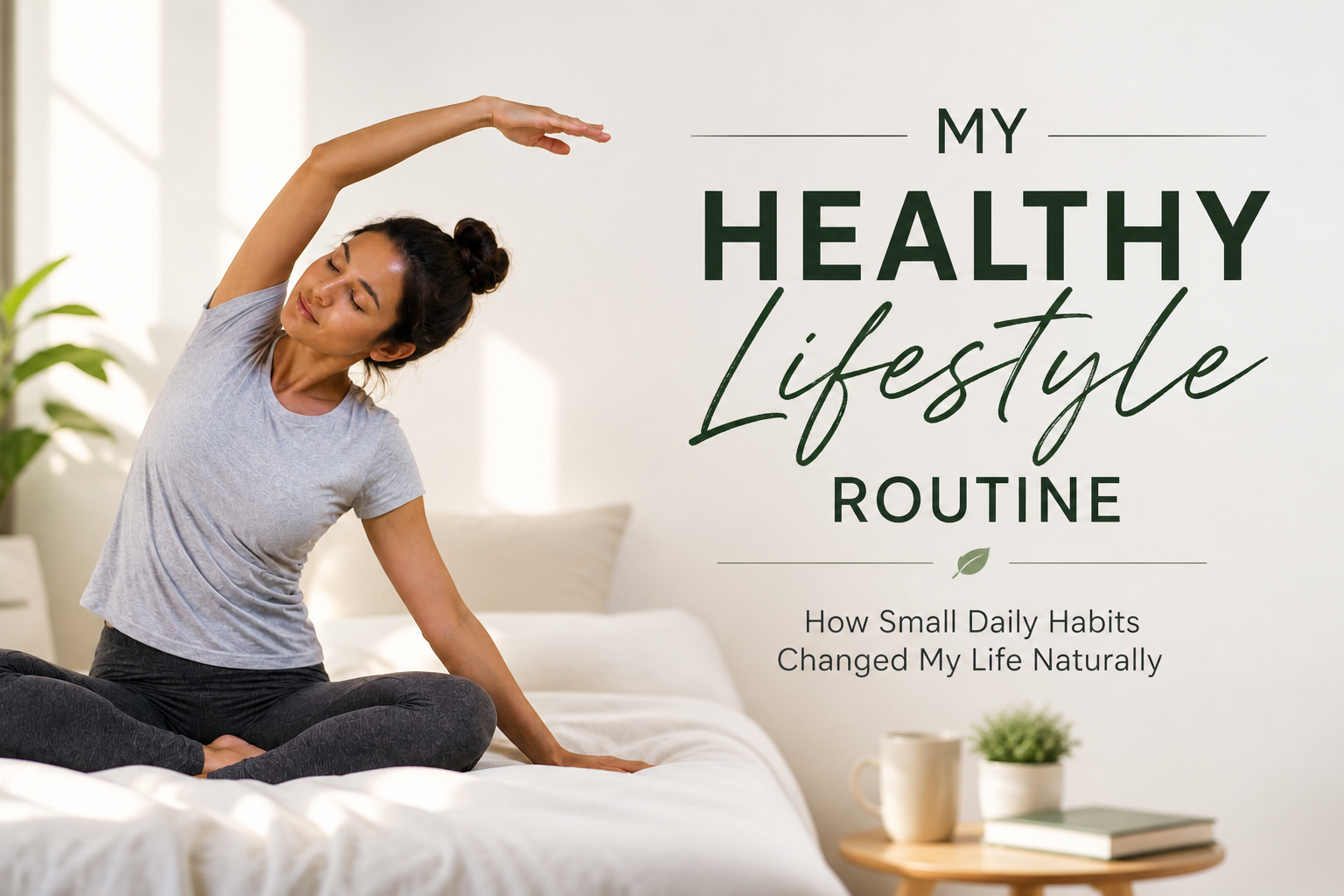 Healthy lifestyle routine with yoga stretching, simple daily habits, and wellness routine at home
