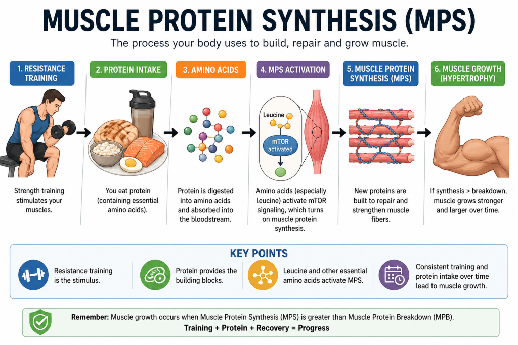 Muscle Protein Synthesis (MPS)  infographic showing workout, protein intake, amino acids, and muscle growth